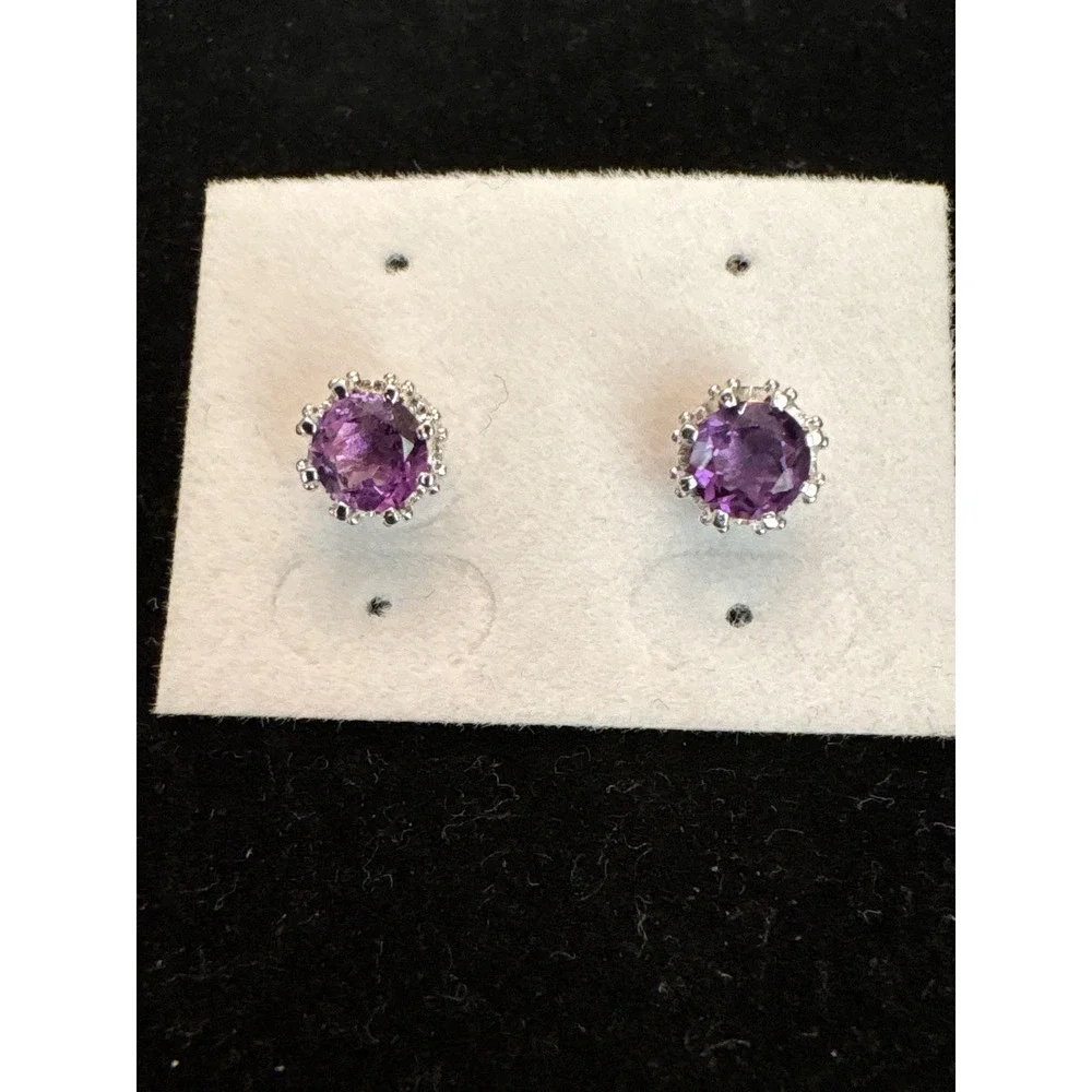 Purple Amethyst Round Stud Earrings Silver Crown Setting‎ February Birthstone